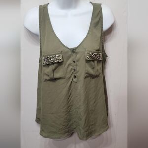 Decree Blouse Large Sleeveless Embellished Olive‎ Green Lightweight Casual C267Z